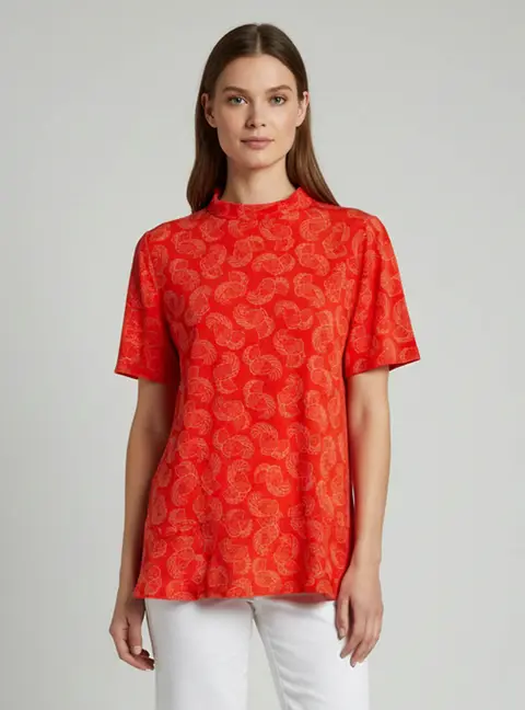 Stella McCartney Orange Floral Print Silk Mock Neck Blouse L