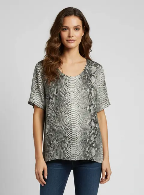 Stella McCartney Grey Snake Print Silk Satin Short Sleeve Top L