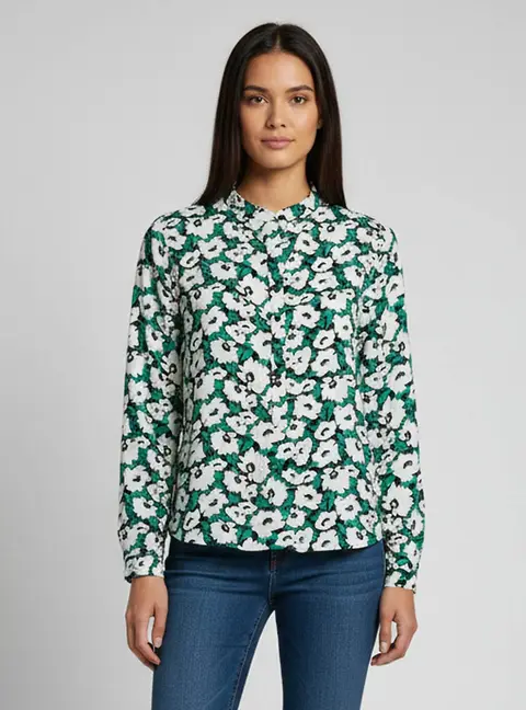 Stella McCartney Green/White Floral Print Silk Long Sleeve Blouse L