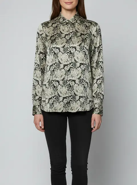 Stella McCartney Black/Ivory Lace Print Silk Long Sleeve Shirt L