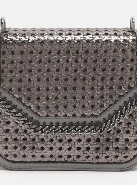 Stella McCartney Metallic Grey Woven Faux Leather Falabella Box Shoulder Bag