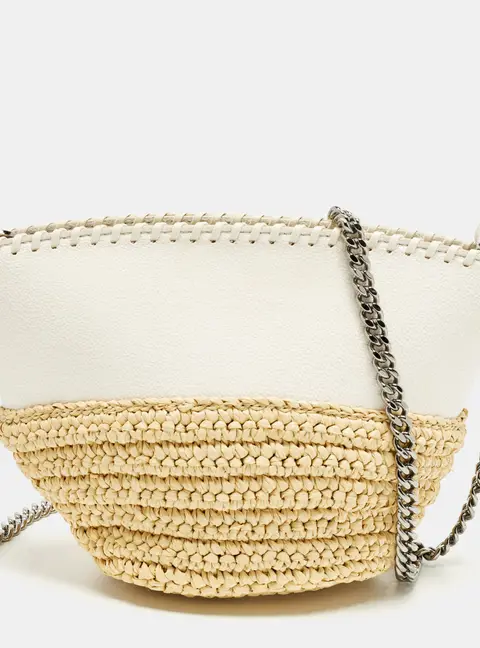 Stella McCartney Falabella White/Beige Faux Suede and Raffia Bucket Bag