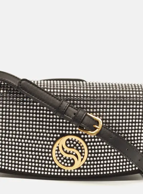 Stella McCartney S-Wave Black Faux Suede and Rhinestone Crossbody Bag