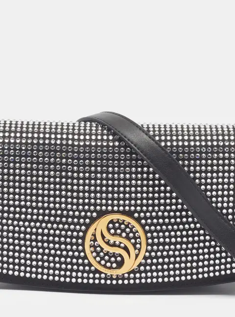 Stella McCartney S-Wave Black Faux Suede and Rhinestone Crossbody Bag