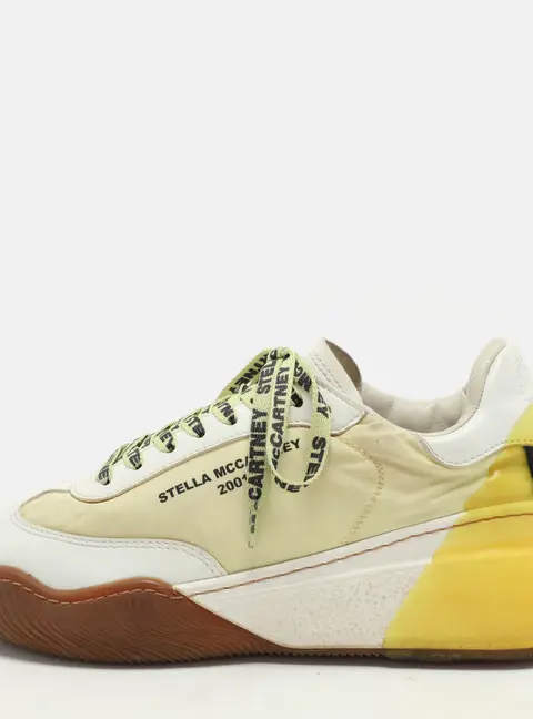 Stella McCartney White/Yellow Faux Leather and Neoprene Loop Low Top Sneakers Size 38