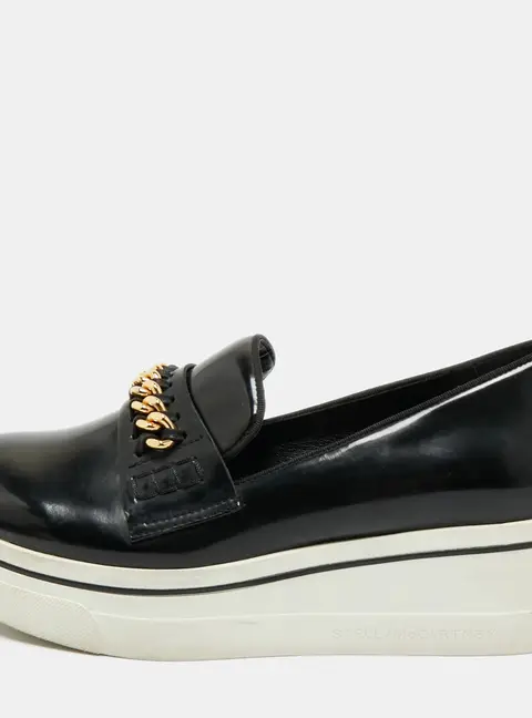 Stella McCartney Black Faux Leather Chain Link Platform Slip On Sneakers Size 38