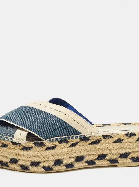 Stella McCartney Size 39 Navy Blue/Beige Canvas Criss Cross Espadrille Platform Sandals