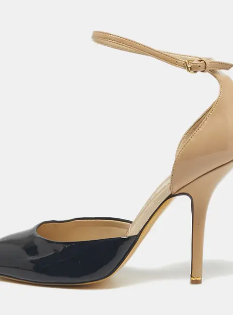 Stella McCartney Black/Beige Patent Leather D'orsay Ankle Strap Pumps Size 38