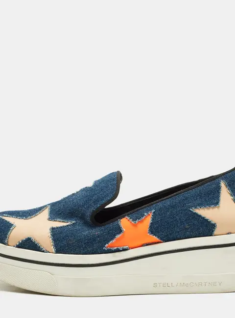 Stella McCartney Binx Star Size 37 Blue Denim and Faux Leather Platform Slip On Sneakers