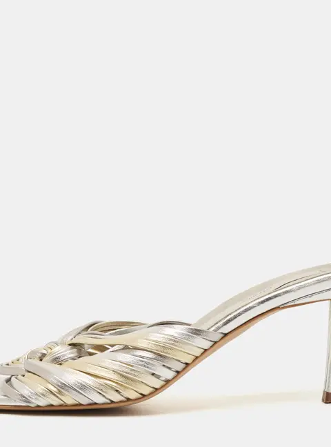 Stella McCartney Size 36 Metallic Gold/Silver Leather Knotted Strap Slide Sandals