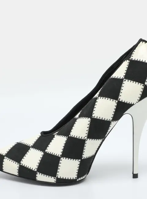 Stella McCartney Size 36.5 Black/White Checkered Faux Patent Leather and Faux Suede Pumps
