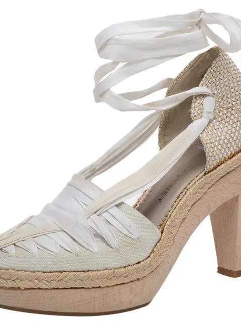 Stella McCartney White Fabric And Canvas Platform Ankle Wrap Pumps Size 37.5