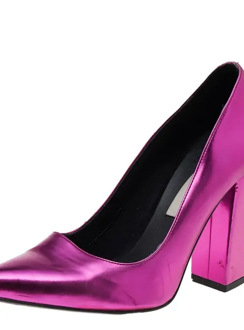 Stella McCartney Metallic Pink Faux Leather Block Heel Pointed-Toe Pumps Size 36