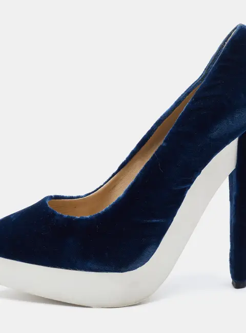 Stella McCartney Navy Blue Velvet Pointed Toe Platform Pumps Size 37.5