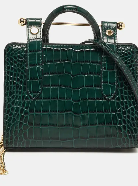Strathberry Midi Nano Green Croc Embossed Leather Tote