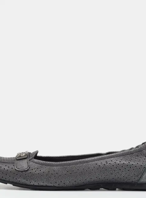 Stuart Weitzman Metallic Grey Perforated Leather Crystal Embellished Slip On Loafers Size 41