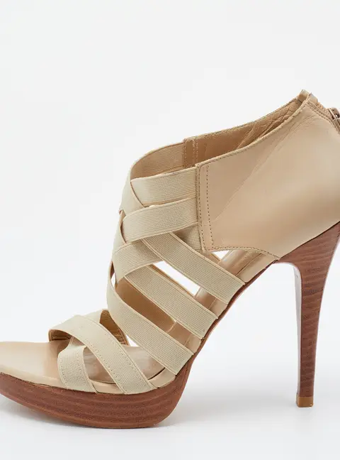 Stuart Weitzman Cream Leather and Elastic Fabric Cross Strap Sandals Size 38.5