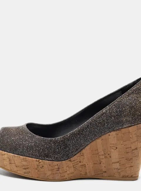 Stuart Weitzman Grey Lurex Fabric Anna Cork Wedge Platform Peep Toe Pumps Size 37