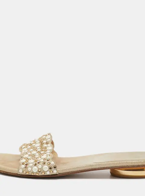 Stuart Weitzman Beige Textured Suede Studded Thong Slides Size 41