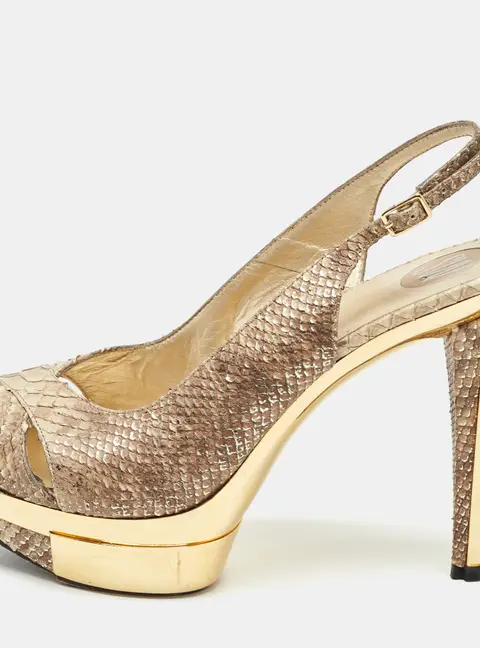 Stuart Weitzman Beige Python Embossed Leather  Slingback Pumps Size 38.5