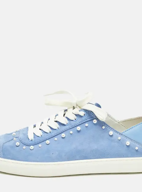 Stuart Weitzman Blue Suede Pear Embellished Lace Up Sneakers Size 39.5
