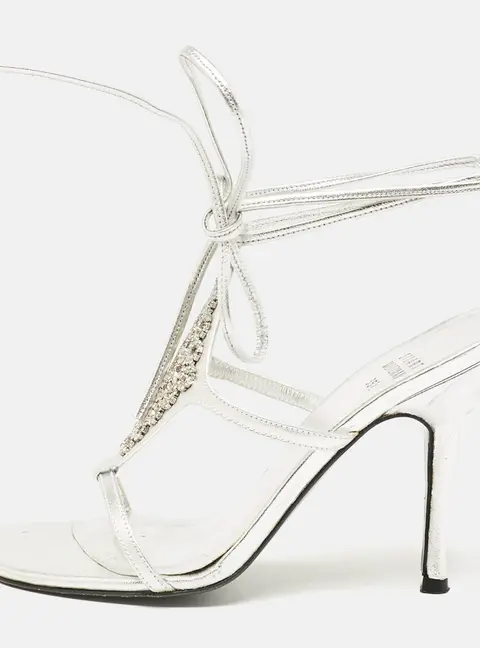 Stuart Weitzman Silver Leather Crystal Embellished Ankle Strap Sandals Size 35.5