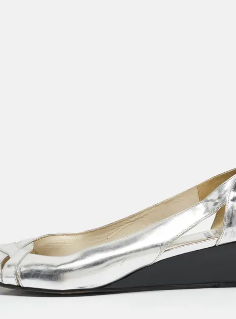 Stuart Weitzman Silver Leather Wedge Peep Toe Pumps Size 39