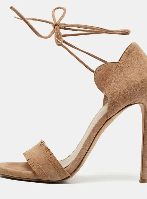 Stuart Weitzman Beige Suede Ankle Tie Up Sandals Size 38.5