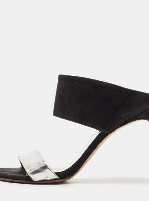 Stuart Weitzman Black/Silver Suede and  Leather Slide Sandals Size 37.5