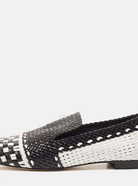 Stuart Weitzman Black/White Woven Leather Riviera Smoking Slippers Size 34.5