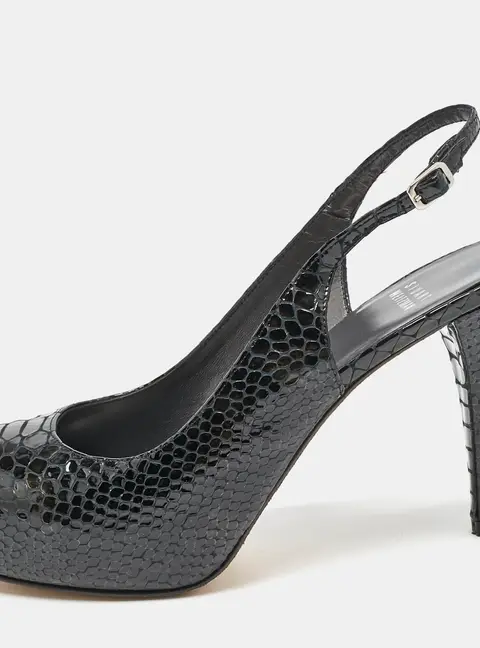 Stuart Weitzman Black Python Embossed Leather Peep Toe Slingback Pumps Size 39.5