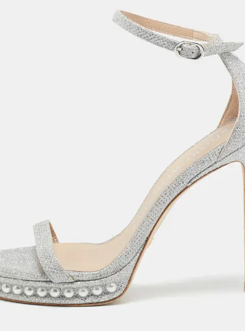 Stuart Weitzman Silver Glitter Nudist Ankle Strap Sandals Size 37.5