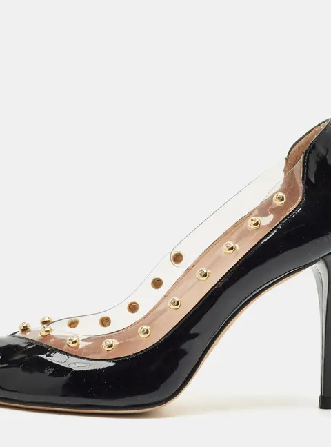 Stuart Weitzman Black Patent Leather and PVC Studded Peep Toe Pumps Size 38.5
