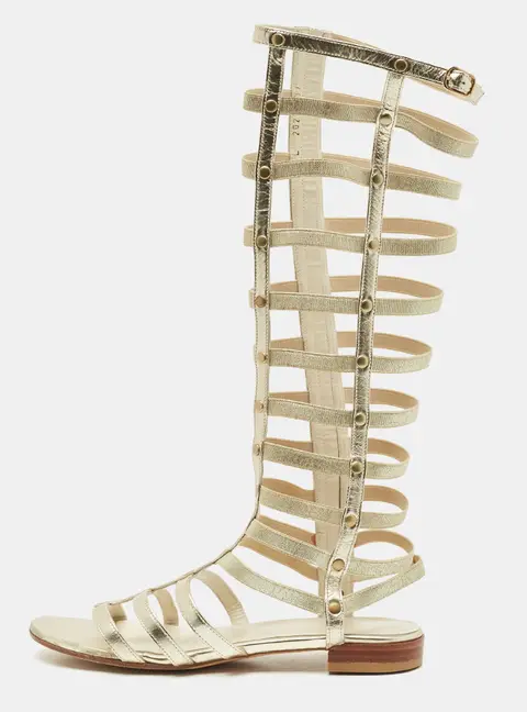 Stuart Weitzman Metallic Gold Leather And Elastic Gladiator Flat Sandals Size 37