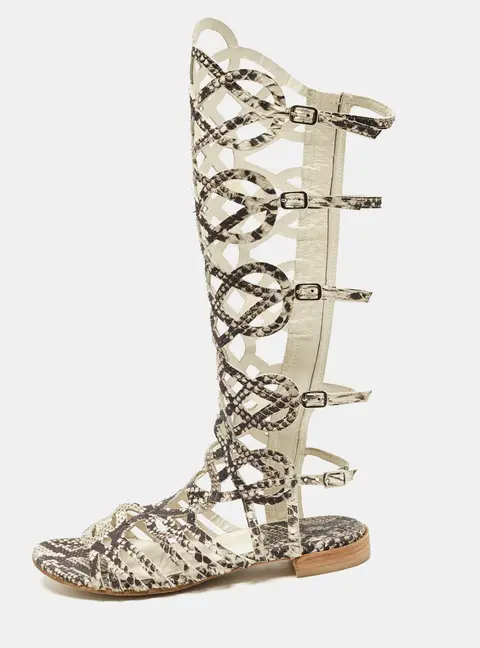 Stuart Weitzman Beige?Cream Snakeskin Embossed Leather Gladiator Flat Sandals Size 36
