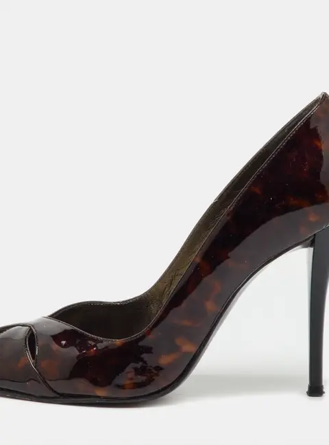 Stuart Weitzman Brown Tortoise Shell Patent Leather Peep Toe Pumps Size 37.5