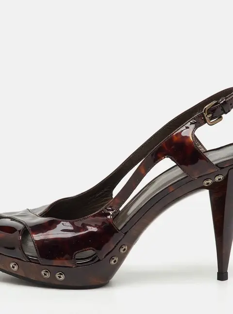 Stuart Weitzman Brown Tortoise Shell Patent Leather Slingback Platform Sandals Size 39.5