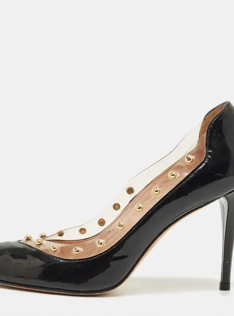 Stuart Weitzman Black/Transparent Patent Leather And PVC Peep Toe Pumps Size 40