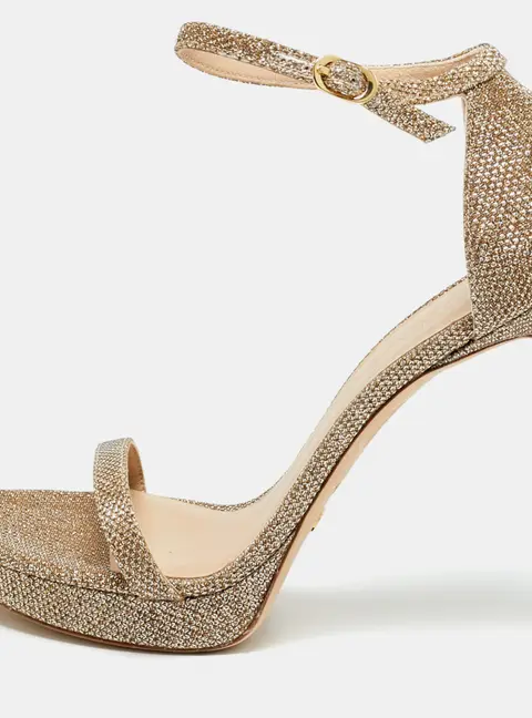 Stuart Weitzman Nudist Size 39.5 Gold Metallic Lurex Fabric Ankle Strap Sandals