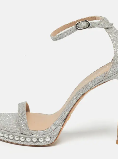 Stuart Weitzman Nudist Size 39.5 Silver Metallic Lurex Fabric Pearl Platform Ankle Strap Sandals