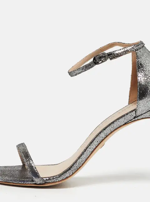 Stuart Weitzman Nudistsong Size 38.5 Silver Leather Ankle Strap Sandals