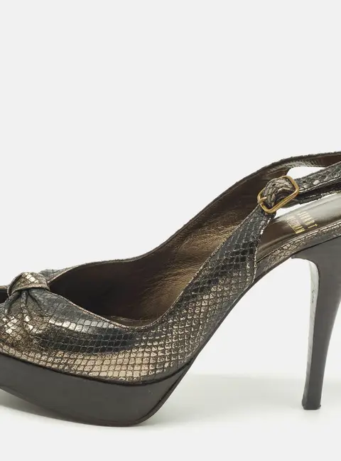 Stuart Weitzman Size 38 Metallic Snakeskin Embossed Leather Knot Slingback Peep Toe Pumps