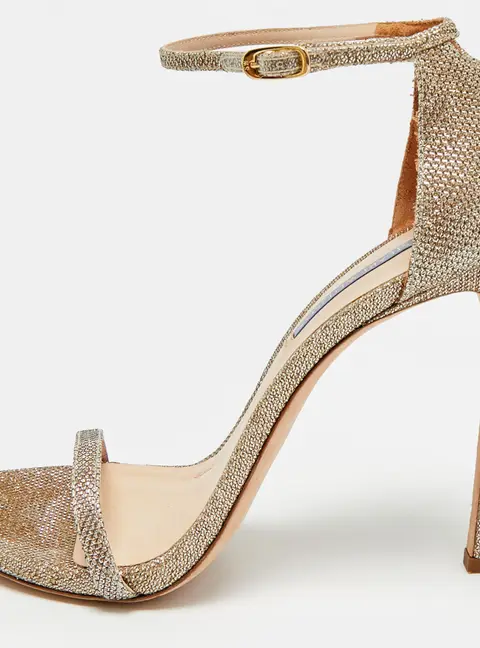 Stuart Weitzman Nudist Size 41.5 Gold Metallic Lurex Fabric Ankle Strap Sandals