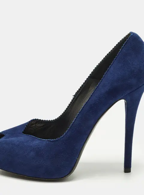 Stuart Weitzman Size 38.5 Navy Blue Suede Peep Toe Pumps