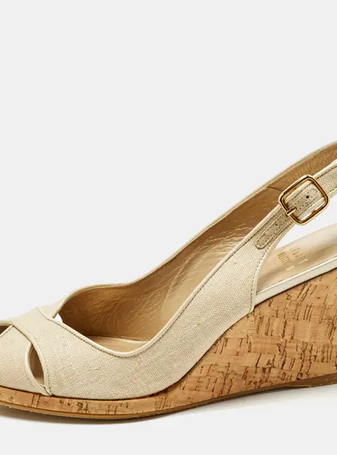 Stuart Weitzman Size 37 Beige Canvas Peep Toe Slingback Pumps