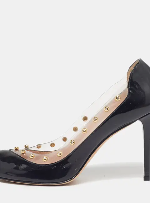 Stuart Weitzman Size Studded 39.5 Black Patent Leather and PVC Peep Toe Pumps