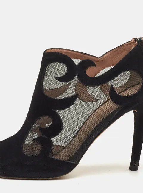 Stuart Weitzman Size 37 Black Suede and Mesh Open Toe Ankle Booties