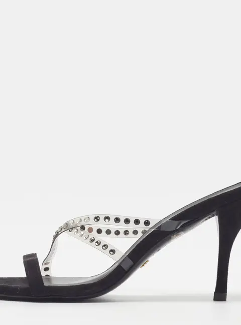 Stuart Weitzman Size 39 Transparent/Black PVC and Suede Crystal Embellished Crisscross Slide Sandals
