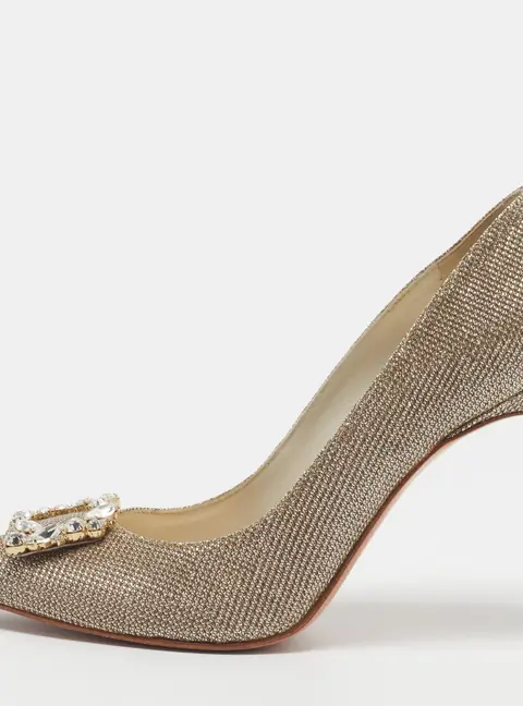 Stuart Weitzman Size 37 Gold Lurex Fabric Crystal Embellished Pumps