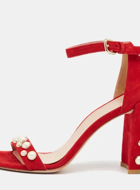 Stuart Weitzman Size 37.5 Red Suede Pearl Embellished Block Heel Ankle Strap Sandals